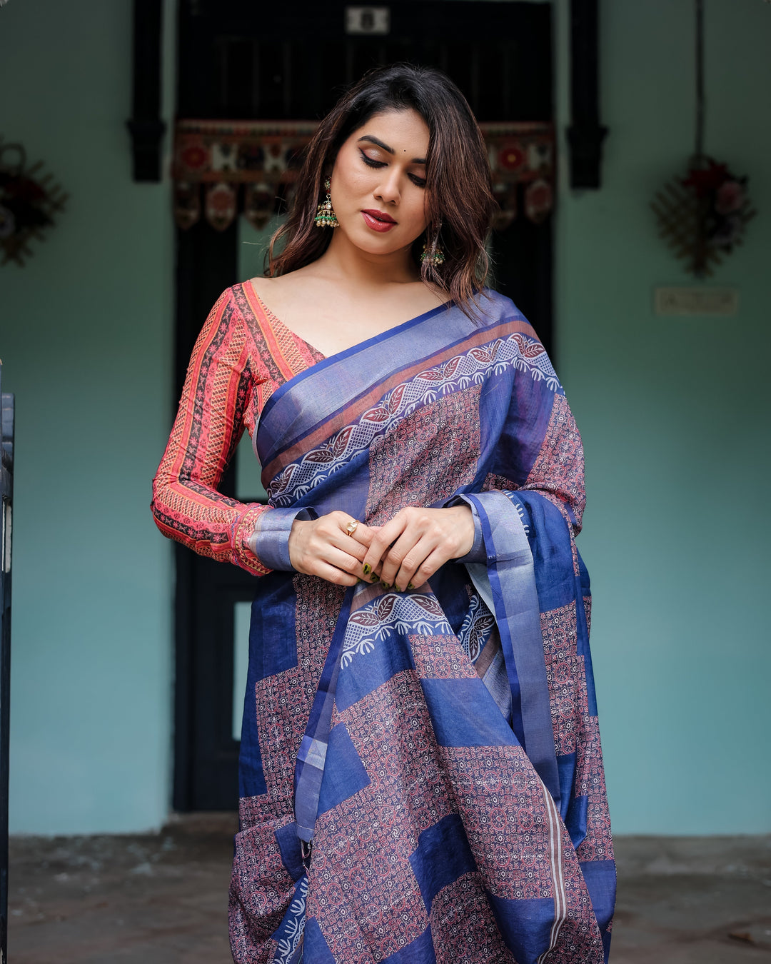 Navy Blue & Red Pure Cotton Linen Saree with Blouse and Tassels on Edges LINEN H 121130