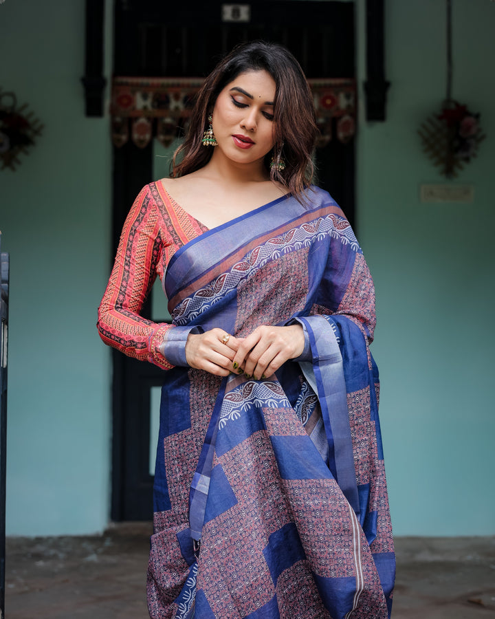 Navy Blue & Red Pure Cotton Linen Saree with Blouse and Tassels on Edges LINEN H 121130