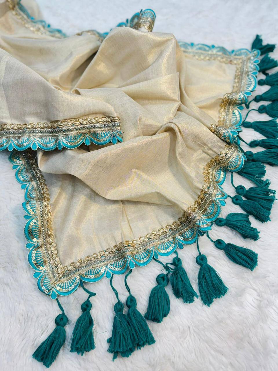 Golden Tissue Soft Saree with Aqua Blue Lace and Handmade Tassels