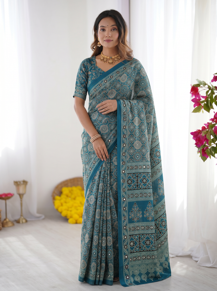 Teal Blue Modal Silk Saree with Heritage Geometric Motifs, Intricate Printed Border & Traditional Designer Pallu