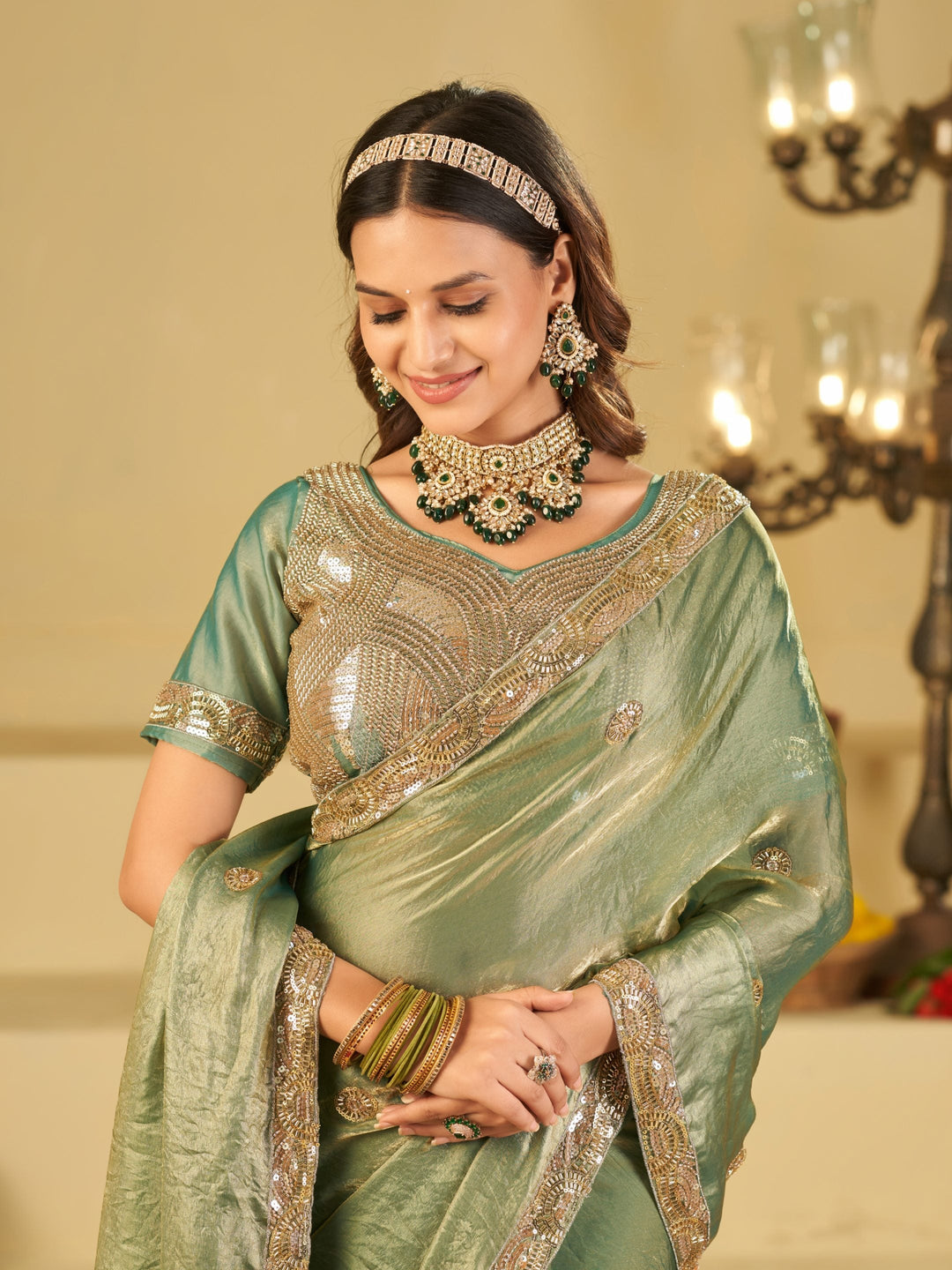 Sage Green Dual Tone Designer Fendy Satin Saree with Heavy Embroidered Blouse & Sequin Border | Premium Wedding Party Wear Saree
