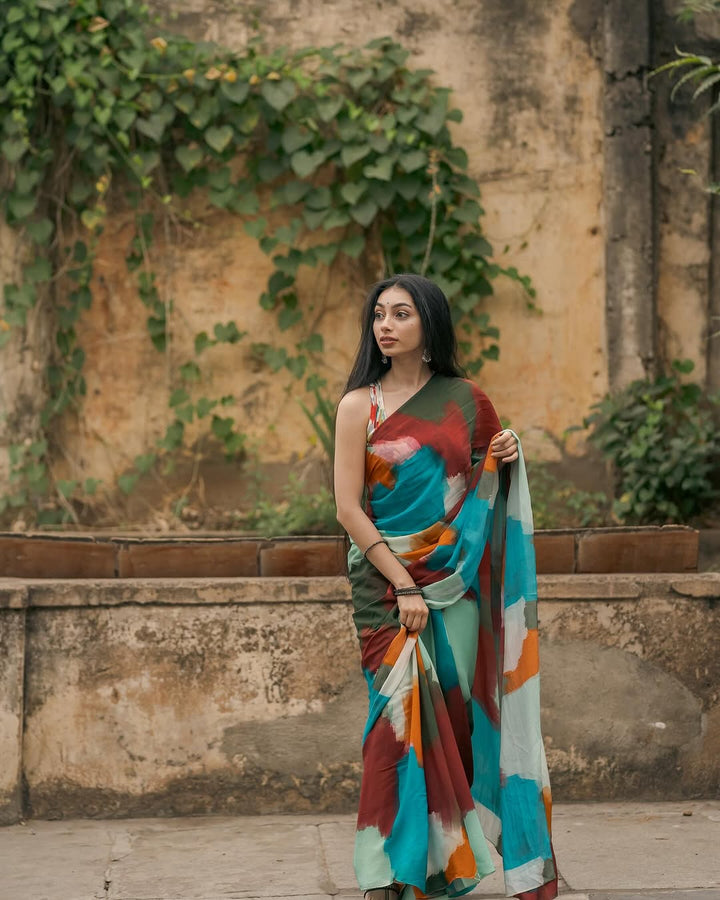 Boho Abstract Multicolor Georgette Saree with Artistic Brushstroke Print & Blouse Fabric