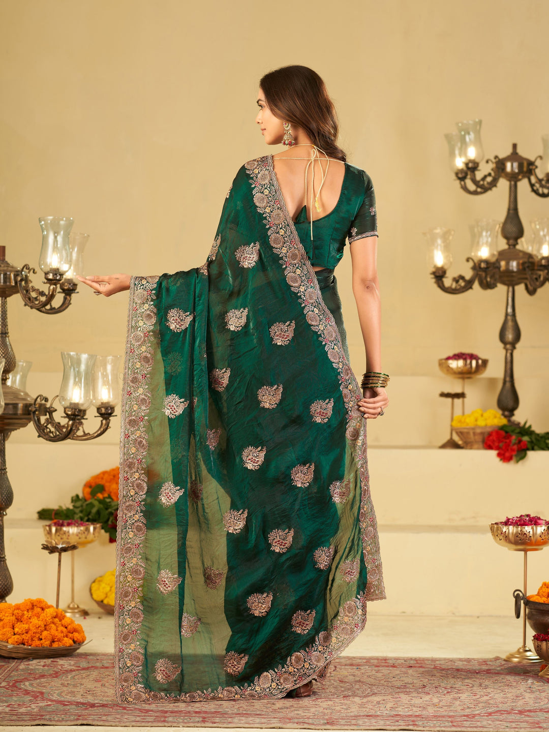 Emerald Green Designer Fendy Satin Saree with Heavy Floral Embroidery Work | Premium Wedding & Party Wear Embroidered Saree with Blouse