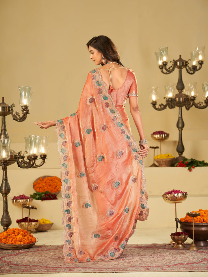 Peach Designer Fendy Satin Saree with Multicolor Paisley Embroidery & Scalloped Embroidered Border | Elegant Festive Party Wear Saree