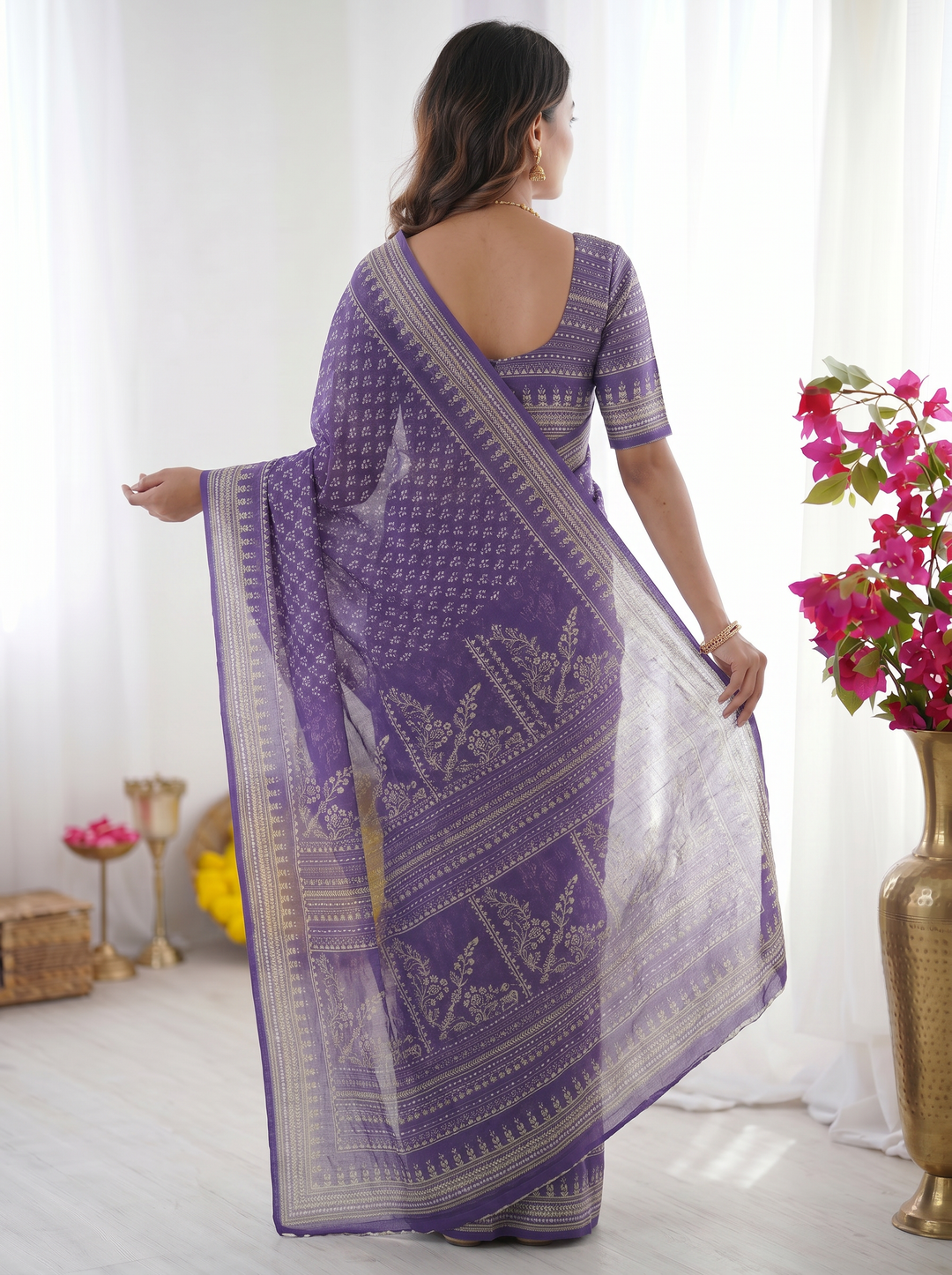 Royal Purple Modal Silk Saree with Delicate Floral Butti Prints, Traditional Woven Border & Heritage Designer Pallu