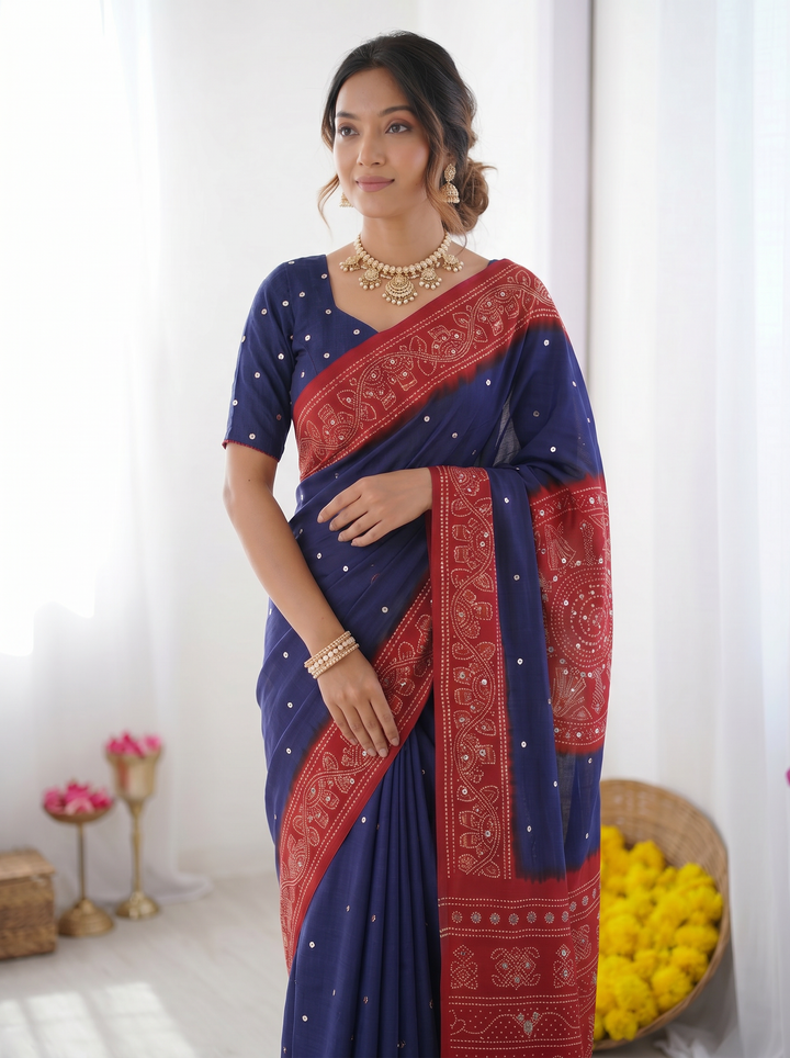 Royal Blue & Crimson Red Bandhani Inspired Modal Silk Saree with Traditional Folk Art Pallu & Stone Embellishments