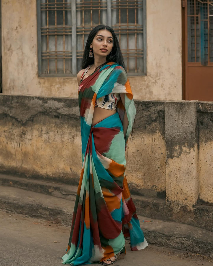 Boho Abstract Multicolor Georgette Saree with Artistic Brushstroke Print & Blouse Fabric