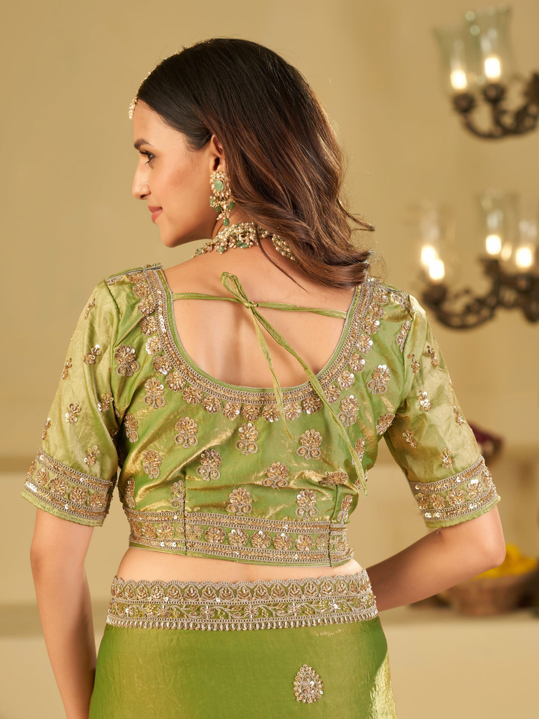 Pista Green Designer Fendy Satin Saree with Heavy Embroidered Blouse & Sequin Border | Premium Wedding Party Wear Saree