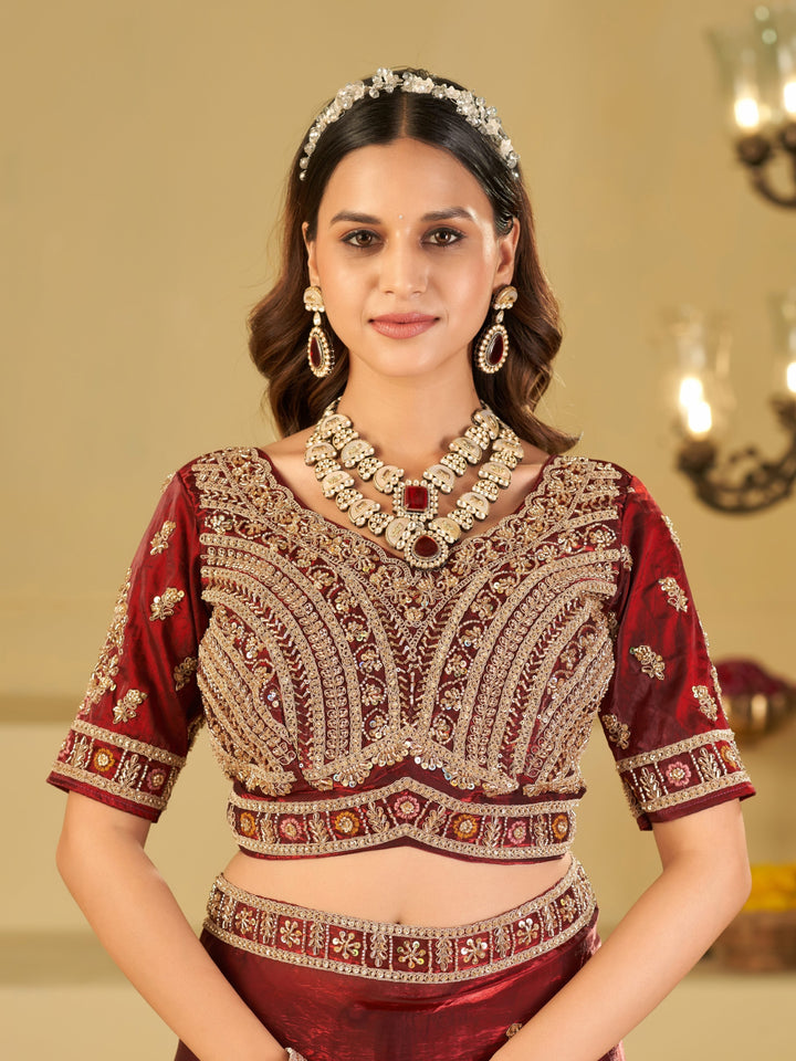 Wine Red Designer Fendy Satin Saree with Heavy Embroidered Blouse & Zari Border | Premium Wedding & Festive Wear Saree