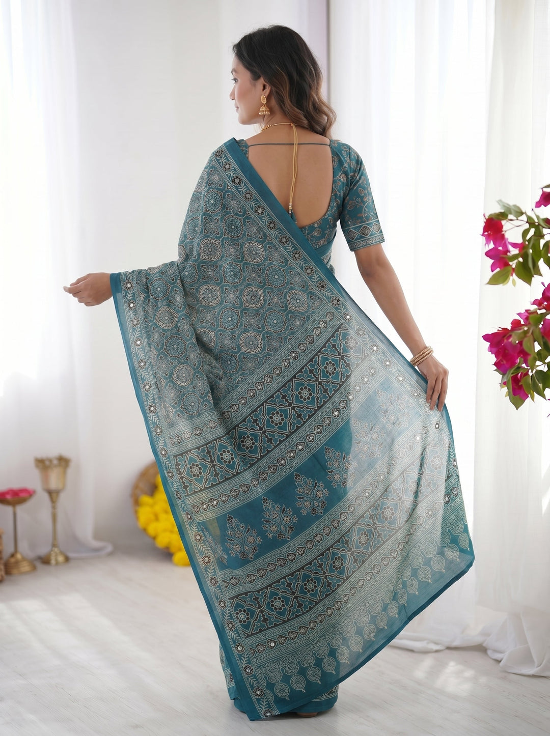 Teal Blue Modal Silk Saree with Heritage Geometric Motifs, Intricate Printed Border & Traditional Designer Pallu