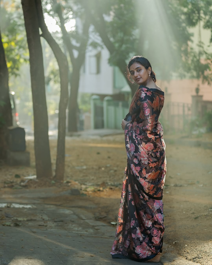 Midnight Bloom Black Georgette Saree with Vintage Rose Floral Print & Matching Blouse Fabric