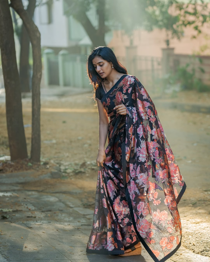 Midnight Bloom Black Georgette Saree with Vintage Rose Floral Print & Matching Blouse Fabric