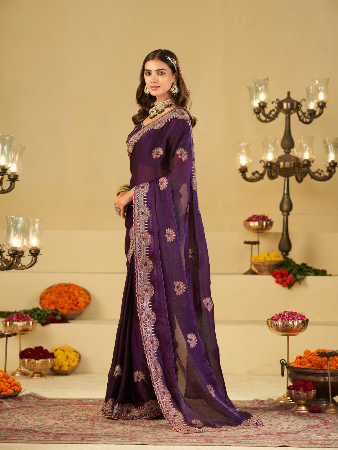 Royal Purple Designer Fendy Satin Saree with Heavy Embroidered Border | Premium Festive Party Wear Saree with Elegant Floral Embroidery & Matching Blouse