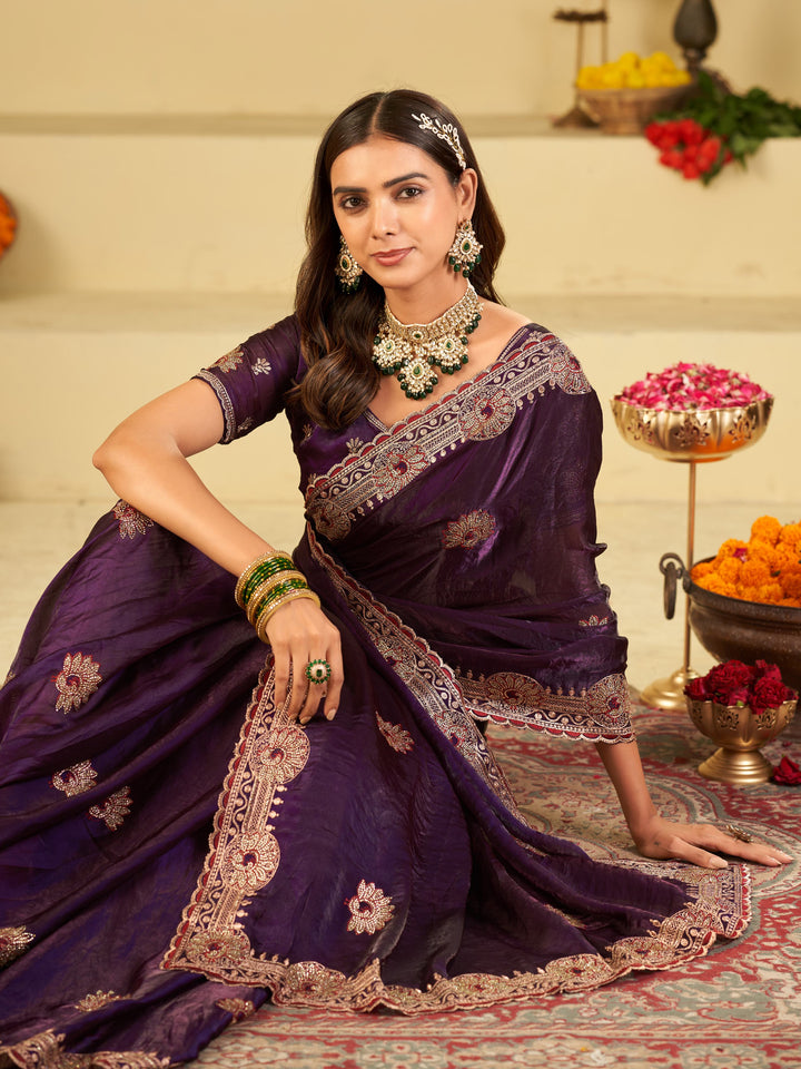 Royal Purple Designer Fendy Satin Saree with Heavy Embroidered Border | Premium Festive Party Wear Saree with Elegant Floral Embroidery & Matching Blouse