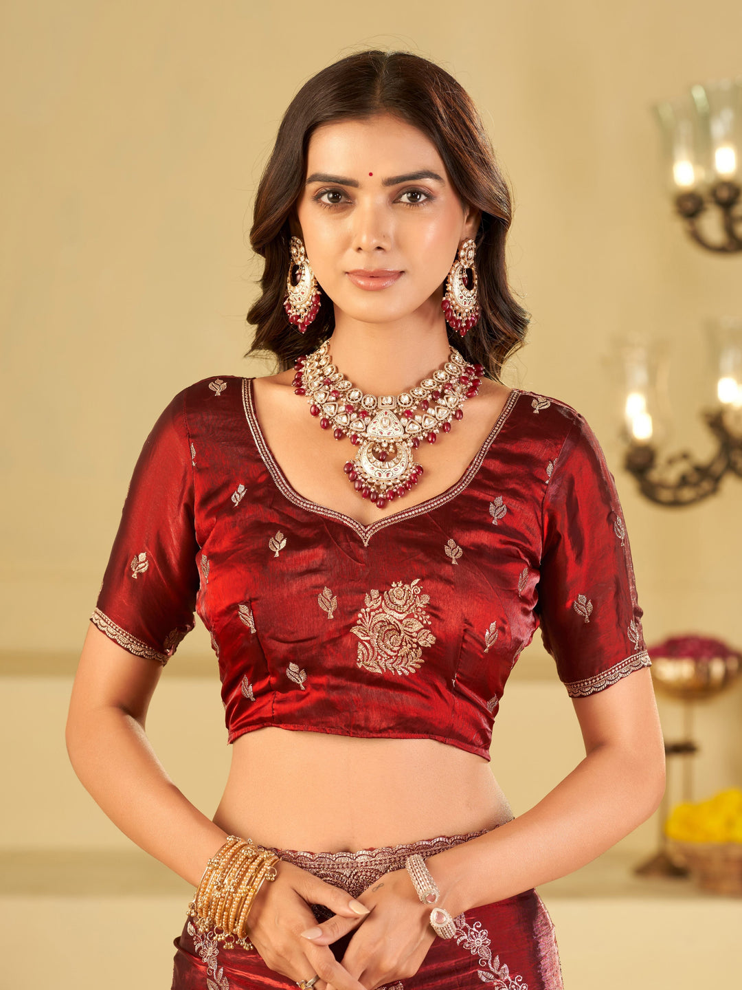 Wine Red Designer Fendy Satin Saree with Floral Embroidery Work | Premium Party Wear Embroidered Saree with Blouse
