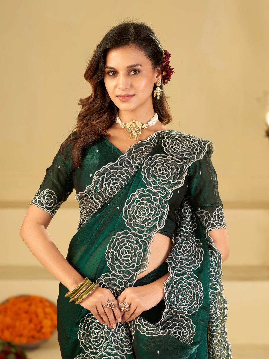 Bottle Green Fendy Satin Saree with White Floral Embroidery Border | Elegant Designer Party Wear Saree with Blouse