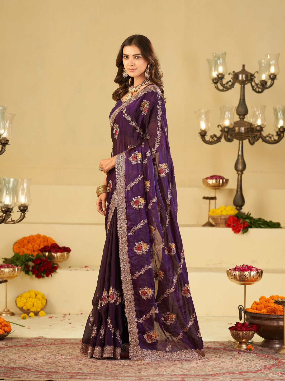 Royal Purple Designer Fendy Satin Saree with Floral Embroidery Work | Premium Party Wear Embroidered Saree with Blouse