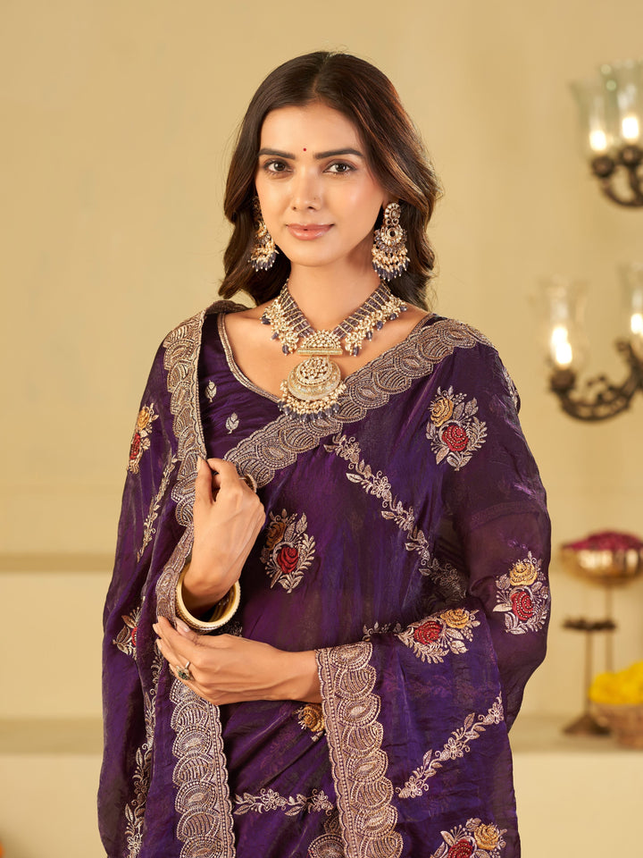 Royal Purple Designer Fendy Satin Saree with Floral Embroidery Work | Premium Party Wear Embroidered Saree with Blouse
