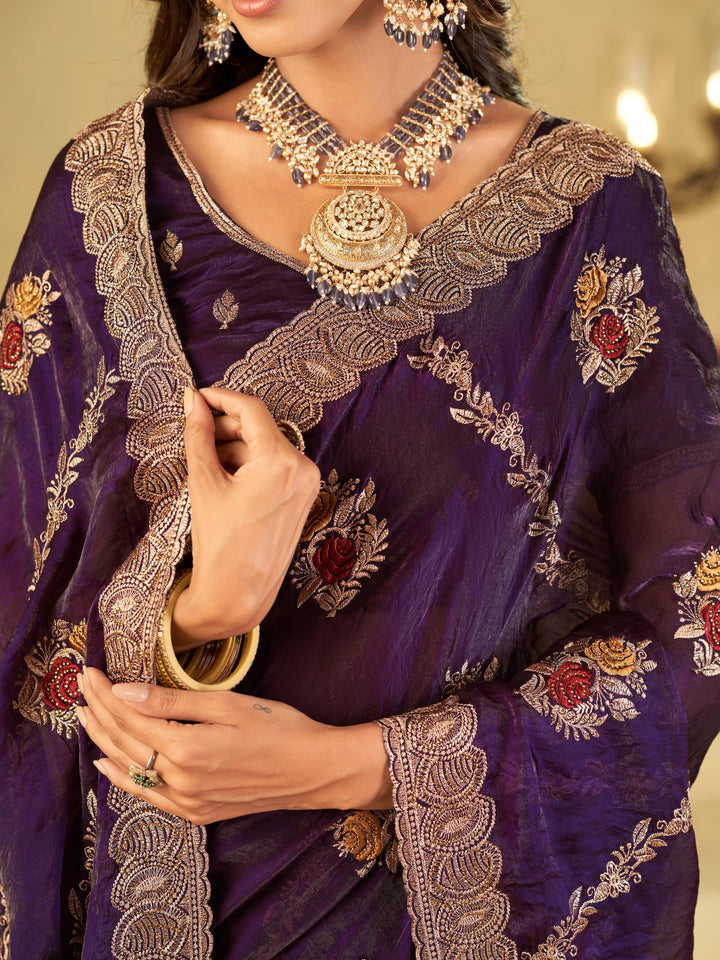 Royal Purple Designer Fendy Satin Saree with Floral Embroidery Work | Premium Party Wear Embroidered Saree with Blouse