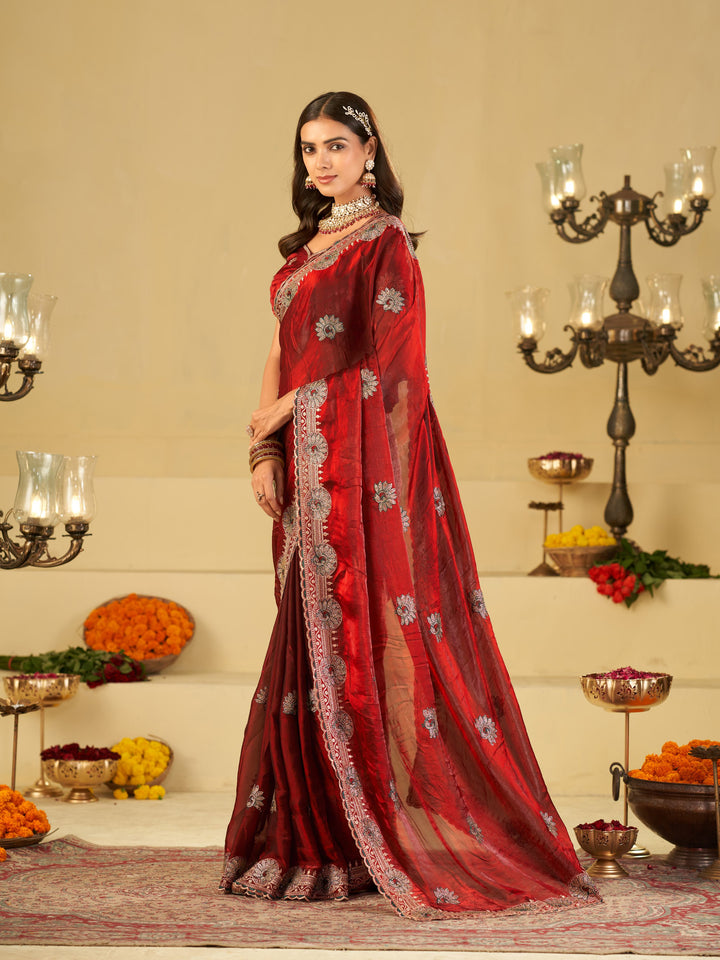 Ruby Red Designer Fendy Satin Saree with Heavy Embroidered Border | Premium Festive Party Wear Saree with Elegant Floral Embroidery & Matching Blouse