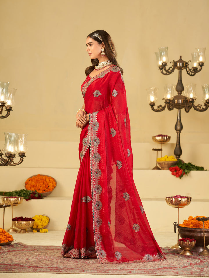 Rani Pink Designer Fendy Satin Saree with Heavy Embroidered Border | Elegant Festive Party Wear Saree with Floral Embroidery & Matching Blouse