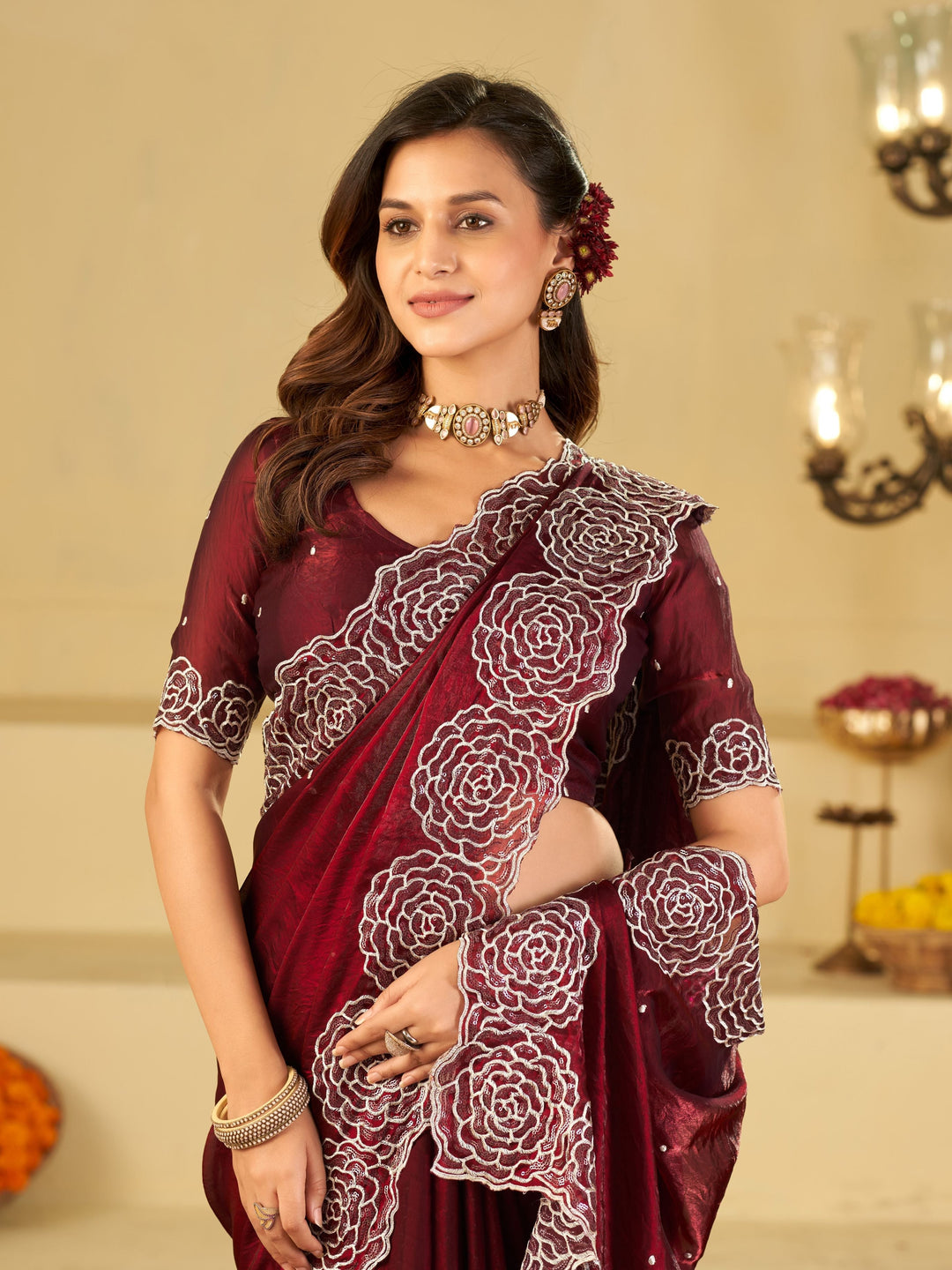 Wine Fendy Satin Saree with White Floral Embroidery Border | Elegant Designer Party Wear Saree with Blouse