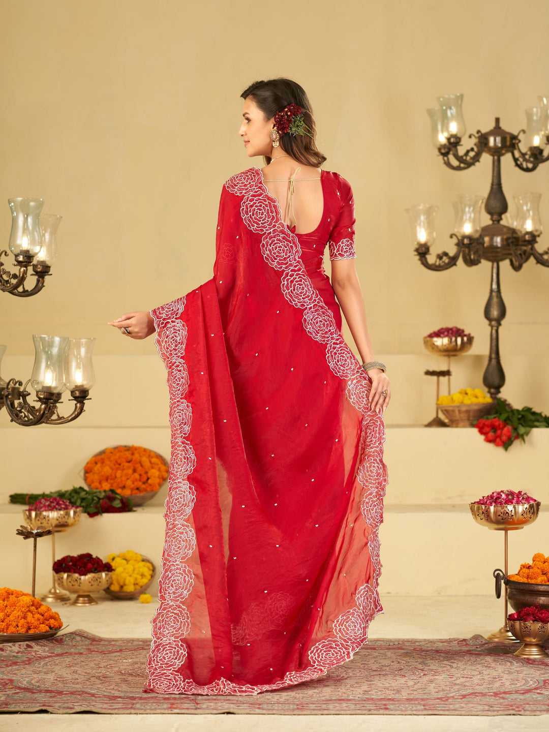 Ruby Red Fendy Satin Saree with White Floral Embroidery Border | Designer Party Wear Saree with Matching Blouse