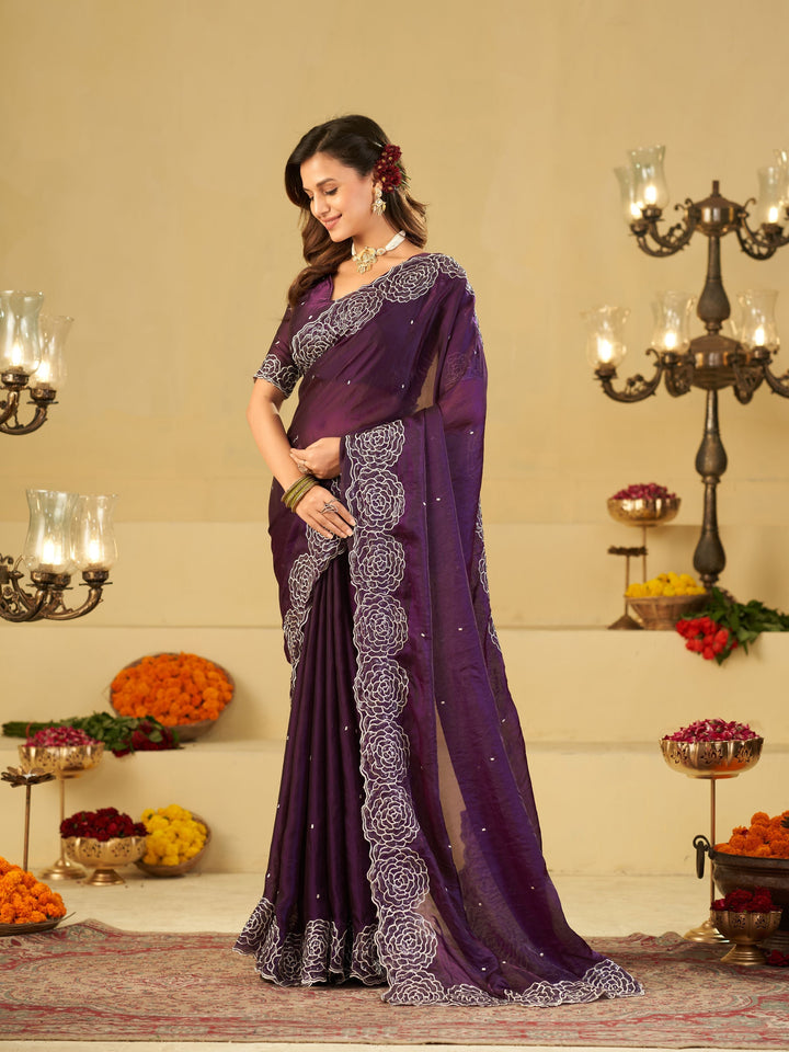 Royal Purple Fendy Satin Saree with White Floral Embroidery Border | Elegant Designer Party Wear Saree with Blouse