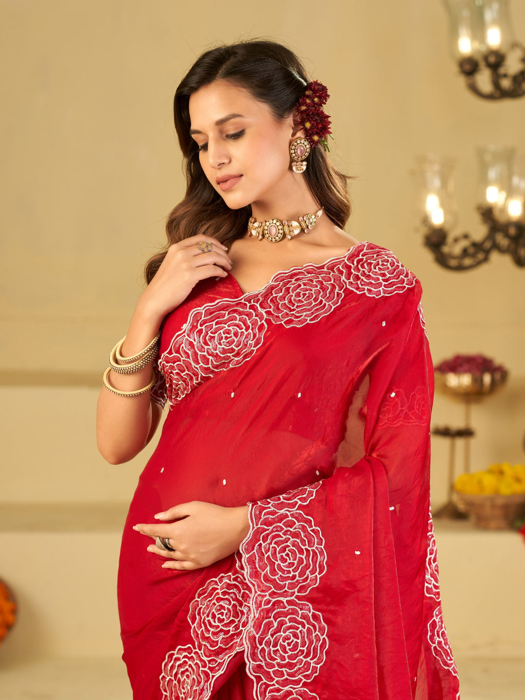 Ruby Red Fendy Satin Saree with White Floral Embroidery Border | Designer Party Wear Saree with Matching Blouse