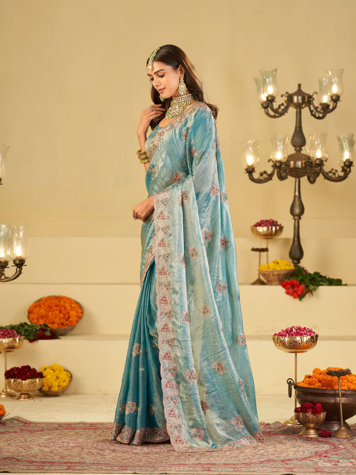 Sky Blue Designer Fendy Satin Saree with Heavy Embroidered Border | Elegant Festive Party Wear Saree with Intricate Embroidery & Matching Blouse