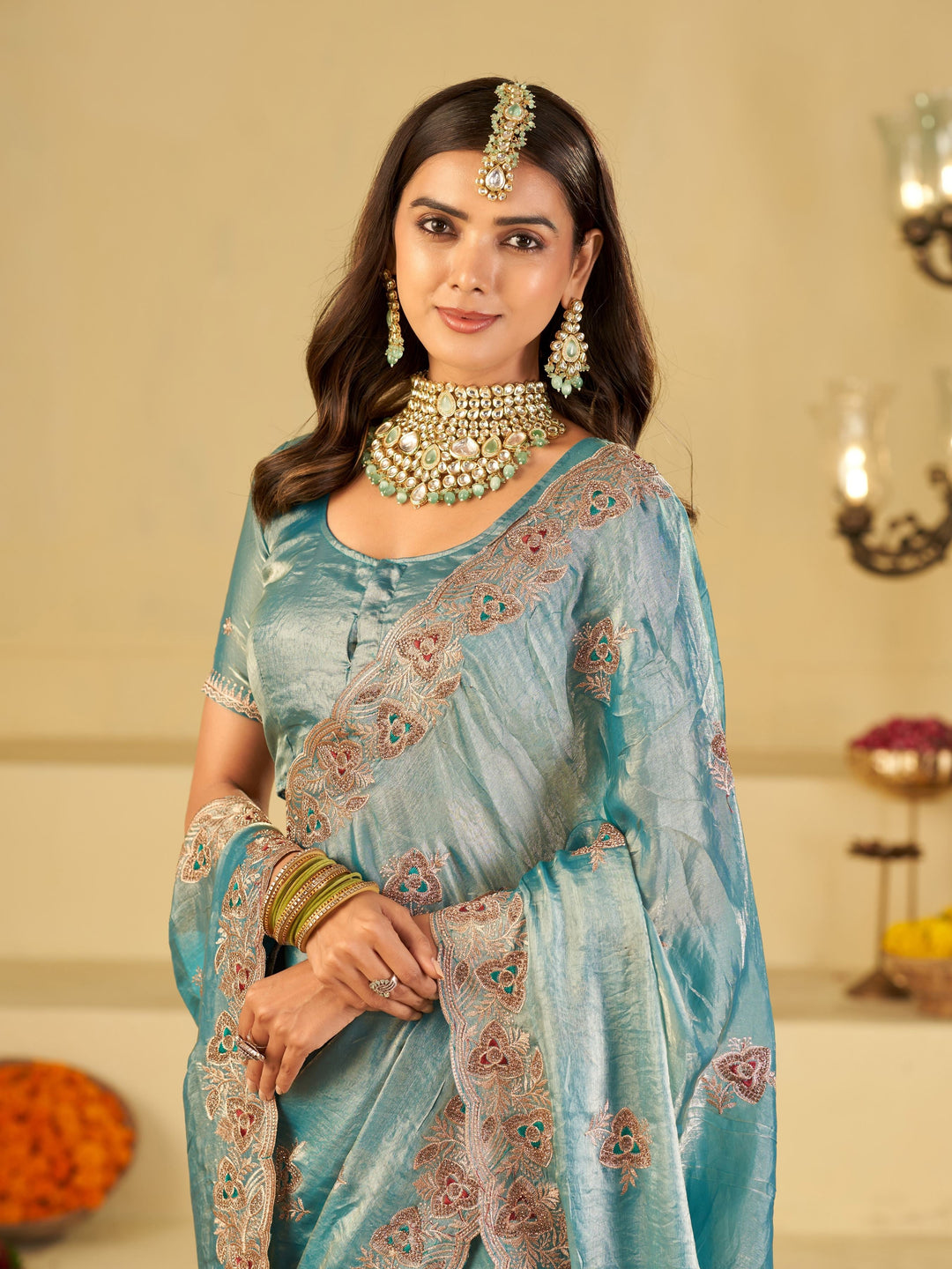 Sky Blue Designer Fendy Satin Saree with Heavy Embroidered Border | Elegant Festive Party Wear Saree with Intricate Embroidery & Matching Blouse