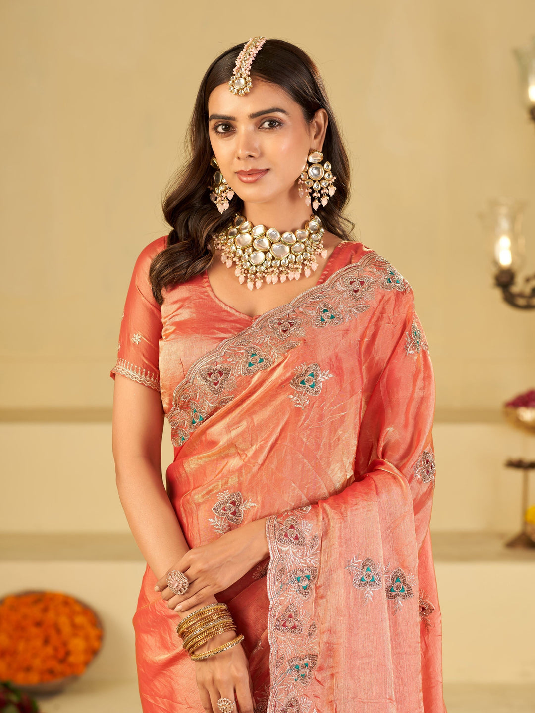 Peach Pink Designer Fendy Satin Saree with Heavy Embroidered Border | Elegant Party Wear Ethnic Saree with Intricate Embroidery & Matching Blouse