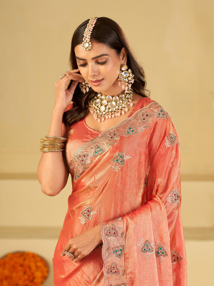 Peach Pink Designer Fendy Satin Saree with Heavy Embroidered Border | Elegant Party Wear Ethnic Saree with Intricate Embroidery & Matching Blouse