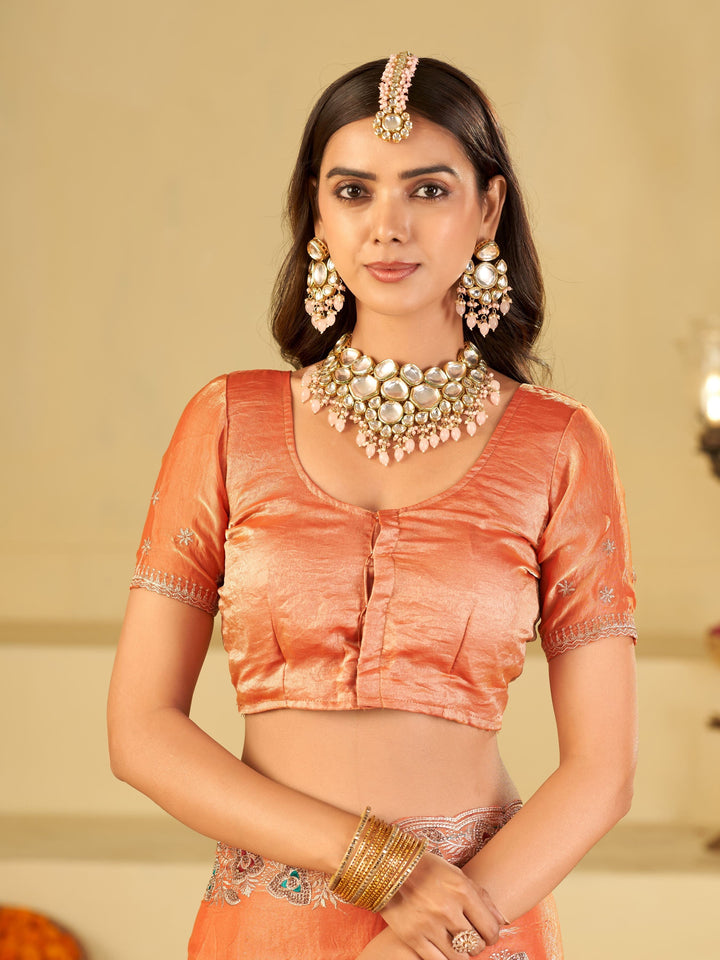 Peach Designer Fendy Satin Saree with Heavy Embroidered Border | Elegant Festive Party Wear Saree with Intricate Embroidery & Matching Blouse