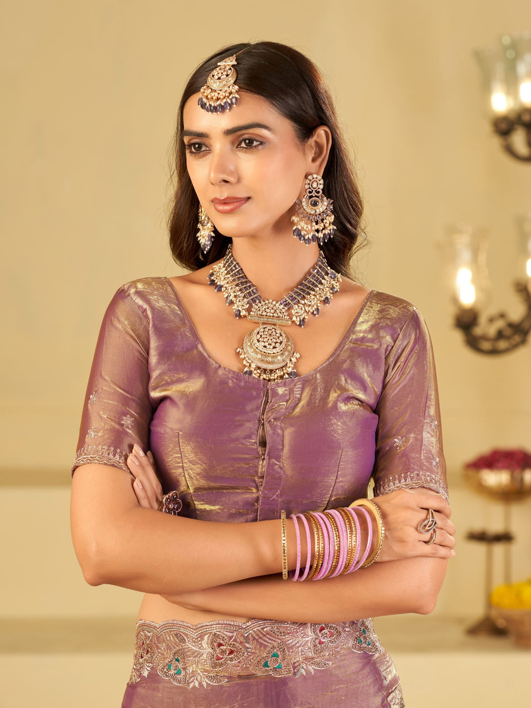 Lavender Designer Fendy Satin Saree with Heavy Embroidered Border | Elegant Party Wear Festive Saree with Intricate Embroidery & Matching Blouse