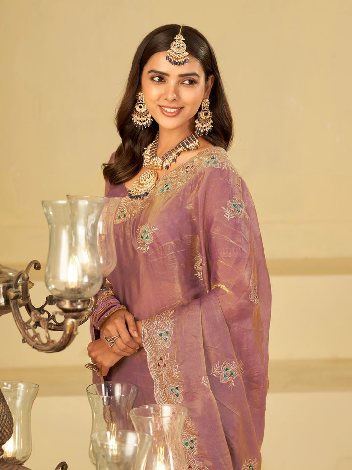 Lavender Designer Fendy Satin Saree with Heavy Embroidered Border | Elegant Party Wear Festive Saree with Intricate Embroidery & Matching Blouse