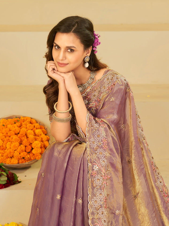 Lavender Purple Fendy Satin Saree with Floral Embroidery Border | Designer Party Wear Embroidered Saree with Blouse