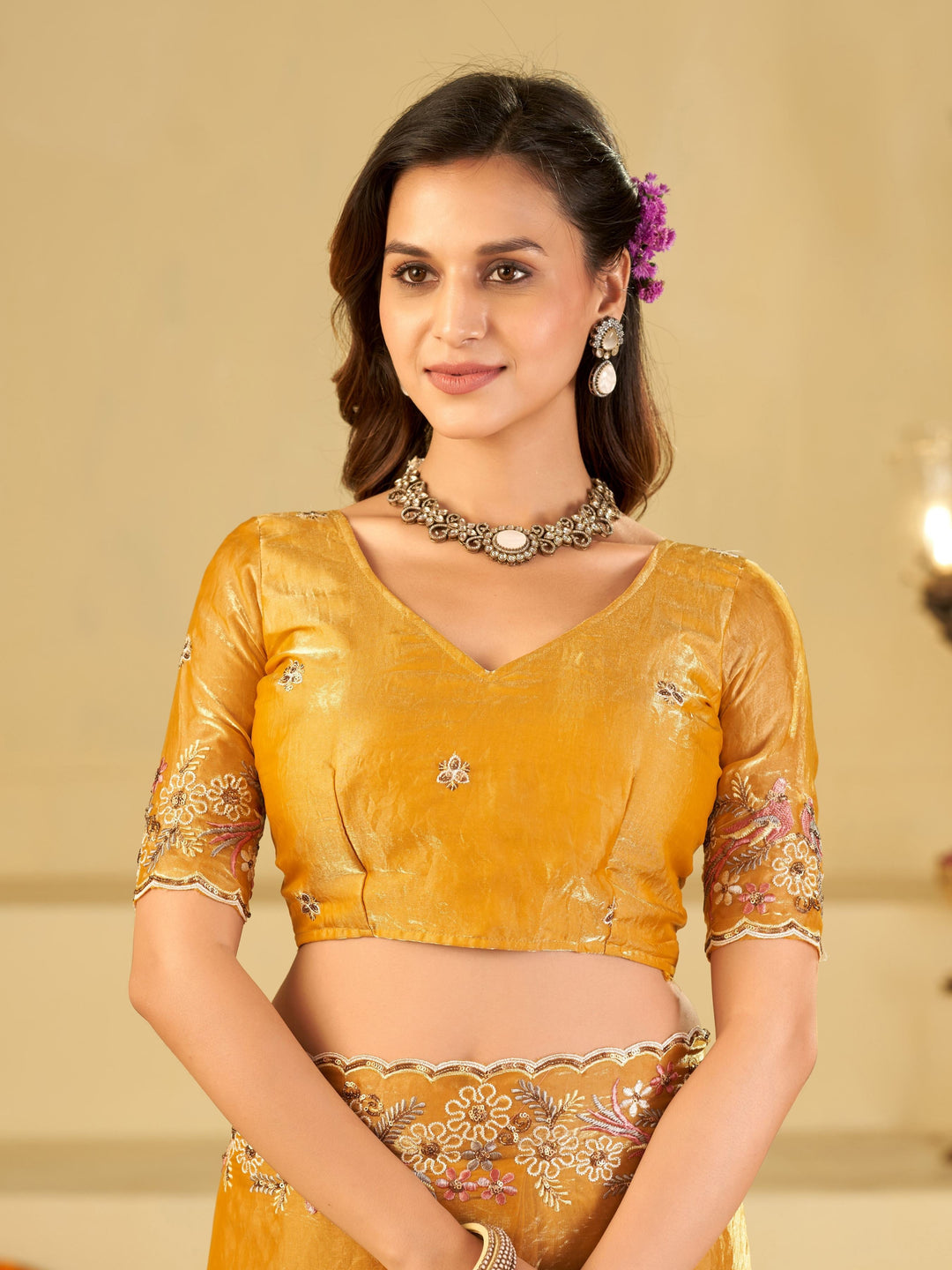 Mustard Yellow Fendy Satin Saree with Floral Embroidery Border | Designer Embroidered Party Wear Saree with Blouse