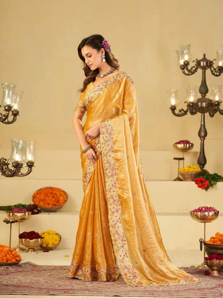 Mustard Yellow Fendy Satin Saree with Floral Embroidery Border | Designer Embroidered Party Wear Saree with Blouse