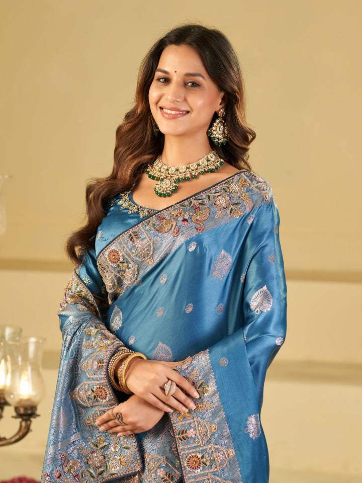 Royal Sky Blue Banarasi Silk Saree with Floral Embroidered Border & Rich Zari Woven Pallu | Designer Wedding Festive Saree