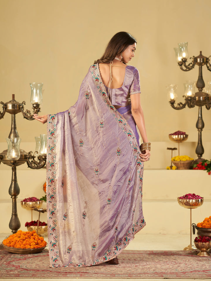 Lavender Purple Designer Fendy Satin Saree with Floral Embroidered Border & Elegant Thread Work | Premium Festive Party Wear Saree