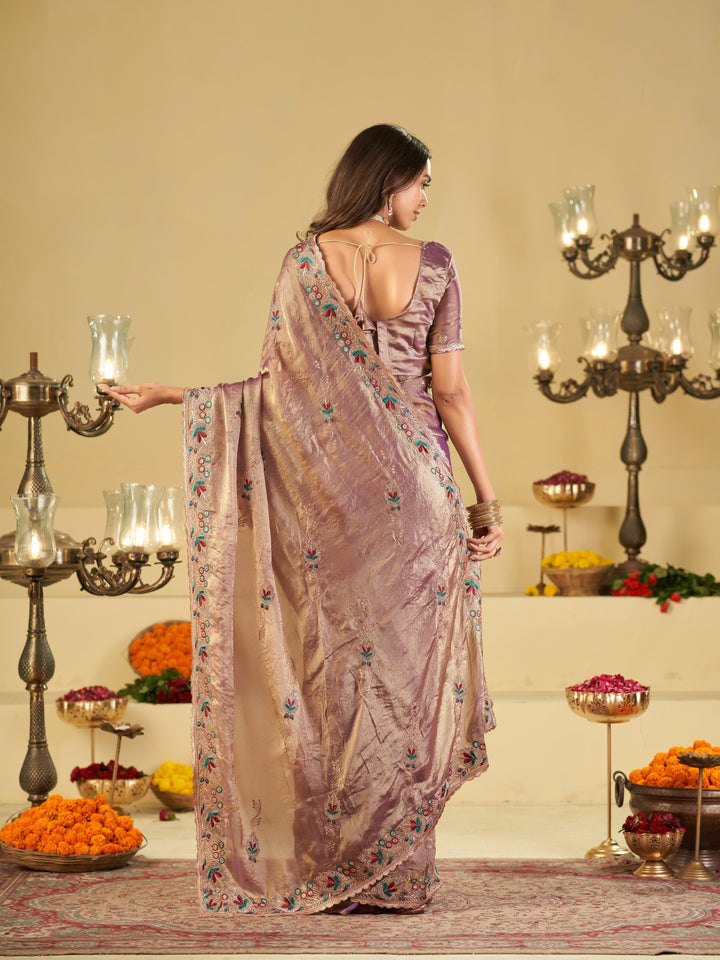Lavender Designer Fendy Satin Saree with Multicolor Floral Embroidered Border & Elegant Thread Work | Premium Festive Party Wear Saree