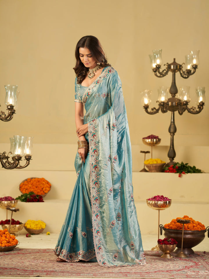 Sky Blue Designer Fendy Satin Saree with Floral Embroidered Border & Intricate Thread Work | Elegant Festive Party Wear Saree