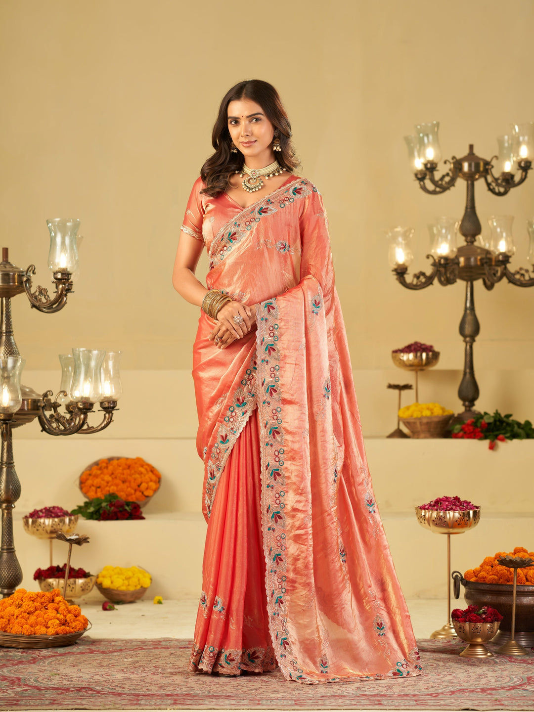 Coral Peach Designer Fendy Satin Saree with Floral Embroidered Border & Elegant Thread Work | Premium Festive Party Wear Saree