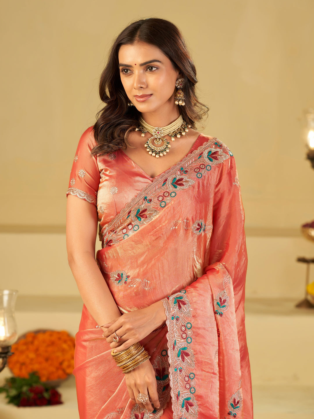Coral Peach Designer Fendy Satin Saree with Floral Embroidered Border & Elegant Thread Work | Premium Festive Party Wear Saree