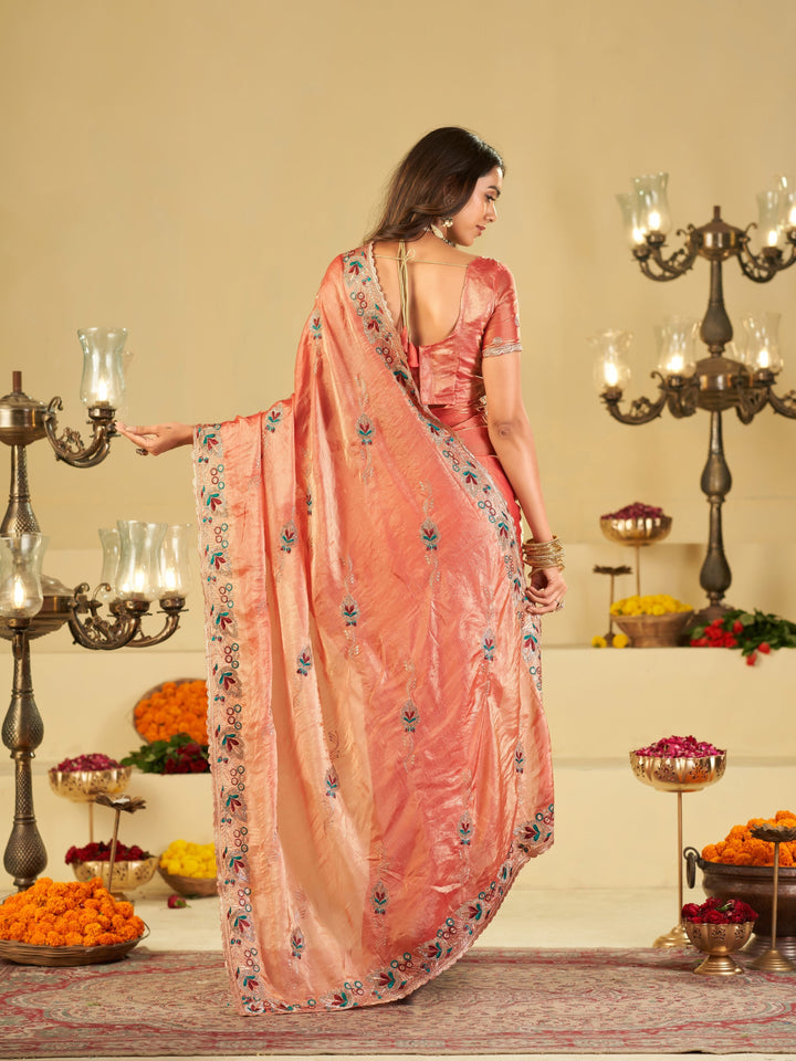 Coral Peach Designer Fendy Satin Saree with Floral Embroidered Border & Elegant Thread Work | Premium Festive Party Wear Saree