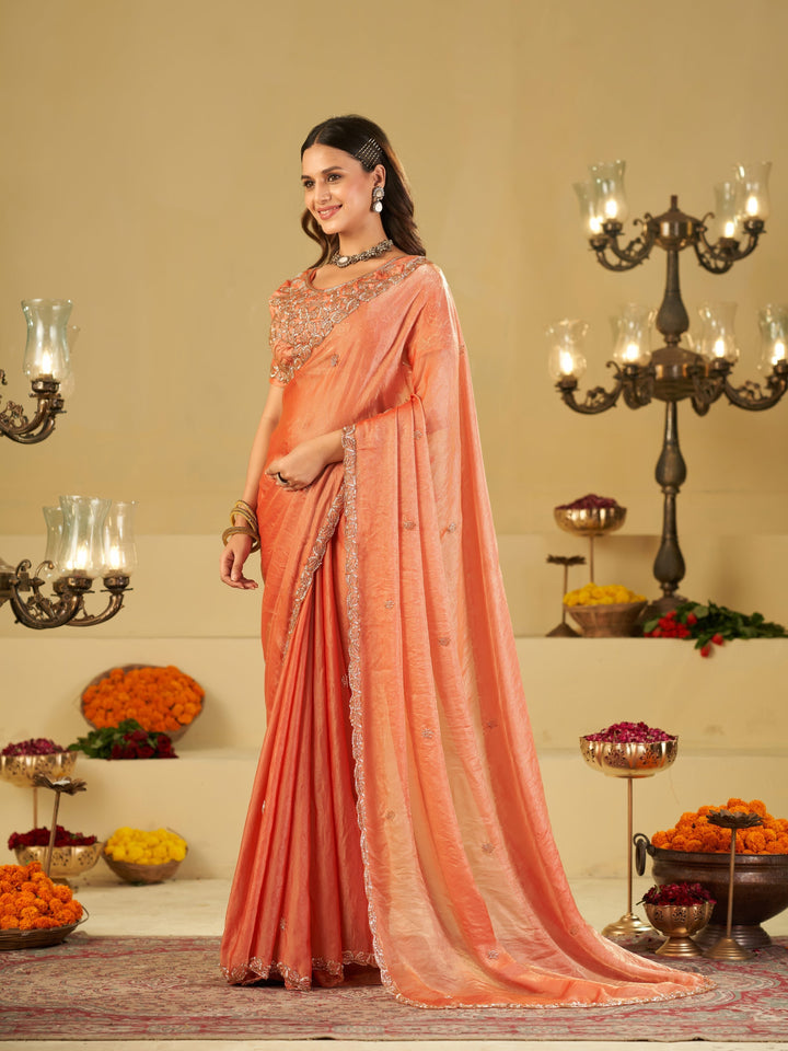 Peach Designer Fendy Satin Saree with Heavy Embroidered Blouse & Sequin Border | Elegant Wedding & Festive Saree