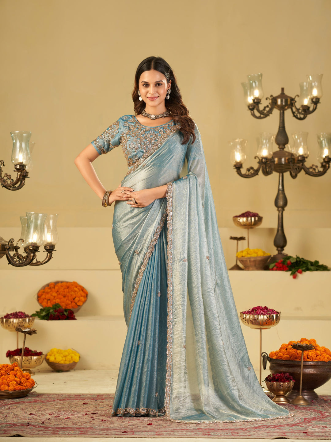 Sky Blue Designer Fendy Satin Saree with Heavy Embroidered Blouse & Sequin Border | Elegant Festive & Wedding Saree