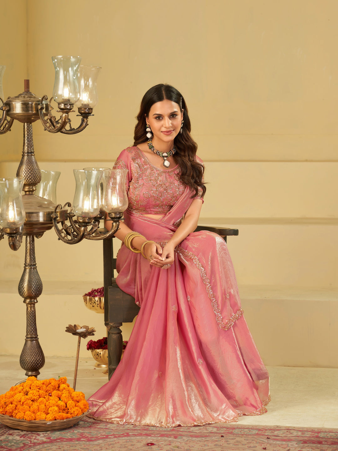 Baby Pink Designer Fendy Satin Saree with Heavy Embroidered Blouse & Sequin Border | Premium Wedding & Festive Saree