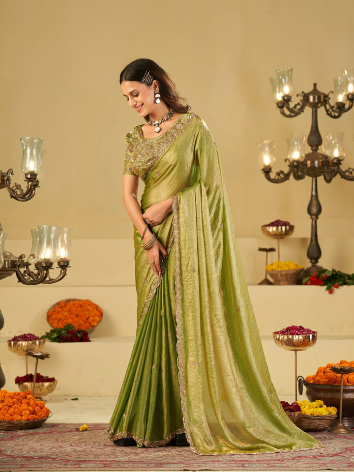 Pista Green Designer Fendy Satin Saree with Heavy Embroidered Blouse & Sequin Border | Premium Festive Wedding Saree